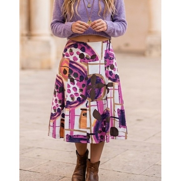 Tribal Dresses & Skirts - Tribal 4 Cotton A-Line Midi Skirt Lined Yoke Waist Pink Purple Boho Art to Wear